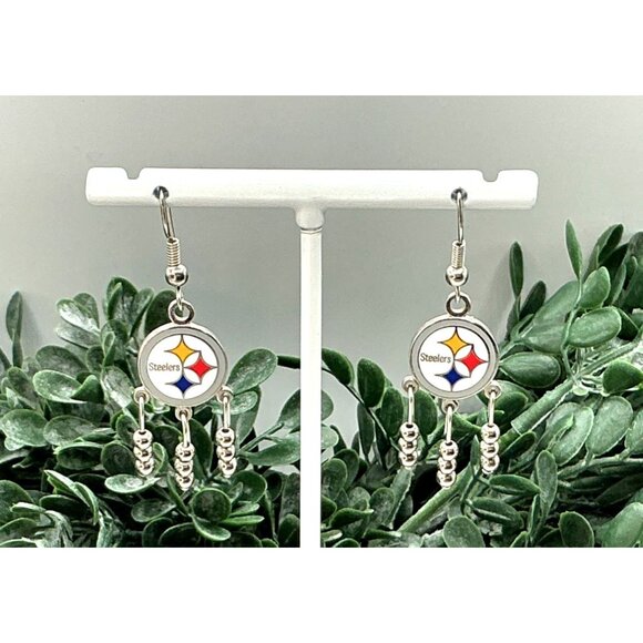 Pittsburgh Steelers Logo Dangle Earrings With Beaded Accents - Picture 7 of 7